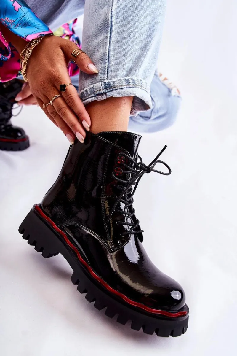 Discount Damskie buty S.Barski Damskie Botki Trapery Wiązane Czarne Sherill