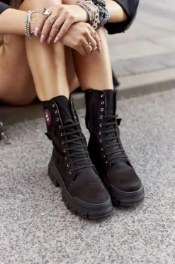 Outlet Damskie Botki Trapery Workery Czarne Monope Damskie Damskie Trapery|Botki Sznurowane