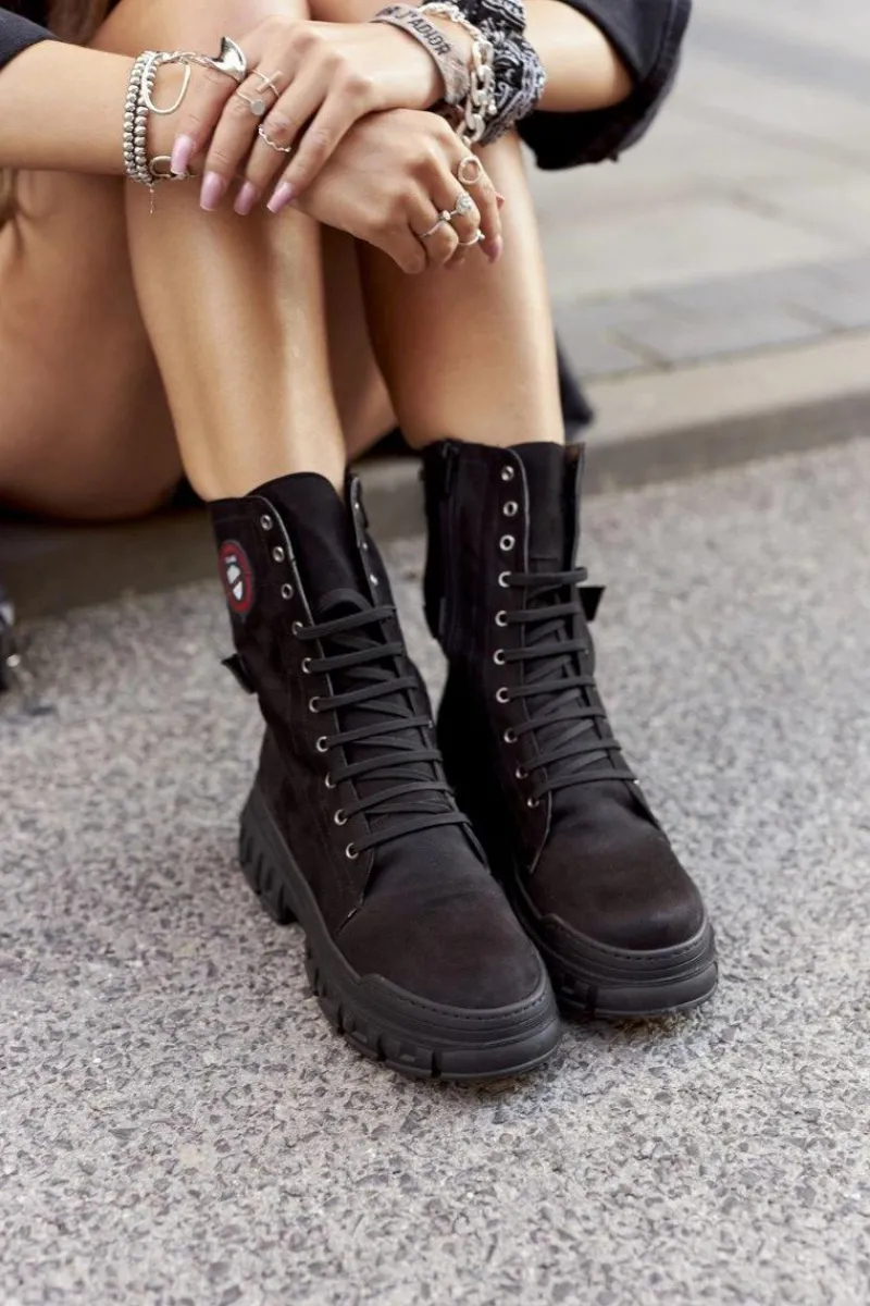 Outlet Damskie Botki Trapery Workery Czarne Monope Damskie Damskie Trapery|Botki Sznurowane