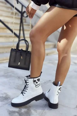 Botki Skórzane|Botki Sznurowane></noscript>GOE Damskie Botki Trapery z Czaszką II2N4048 Białe