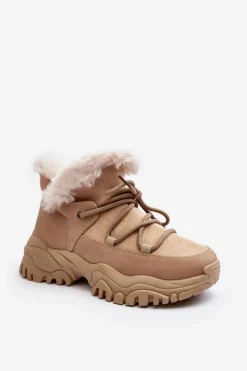 New Damskie Botki Trapery Z Futerkiem Beżowe Cresandi Damskie Botki Ocieplane|Damskie Trapery