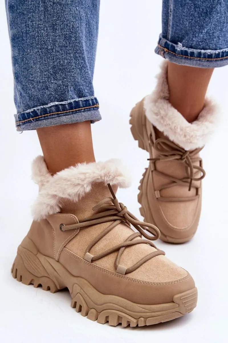 New Damskie Botki Trapery Z Futerkiem Beżowe Cresandi Damskie Botki Ocieplane|Damskie Trapery