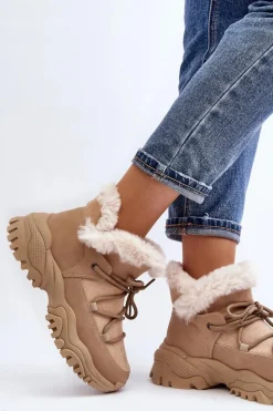 New Damskie Botki Trapery Z Futerkiem Beżowe Cresandi Damskie Botki Ocieplane|Damskie Trapery