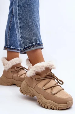 New Damskie Botki Trapery Z Futerkiem Beżowe Cresandi Damskie Botki Ocieplane|Damskie Trapery