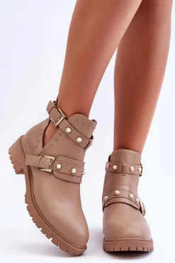 Botki Wiosenne|Damskie Trapery>Boto Damskie Botki Trapery Z Perełkami Beżowe Klarisa Beżowy