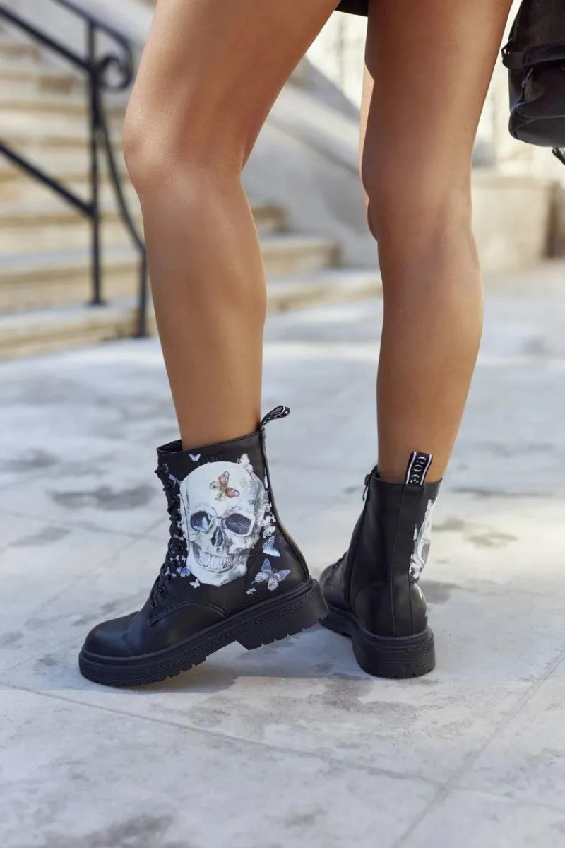 Sale Damskie Botki Trapery z Printem II2N4045 Czarne Damskie Botki Sznurowane|Czarne Botki