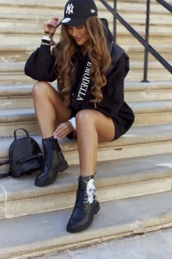 Sale Damskie Botki Trapery z Printem II2N4045 Czarne Damskie Botki Sznurowane|Czarne Botki