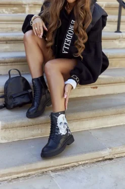 Sale Damskie Botki Trapery z Printem II2N4045 Czarne Damskie Botki Sznurowane|Czarne Botki