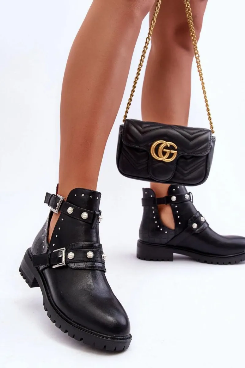 Online Boto Damskie Botki Trapery Z Perełkami Czarne Klarisa