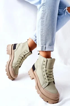 Hot Damskie Botki Trapery Zielone Any One Damskie Botki Sznurowane|Czarne Botki