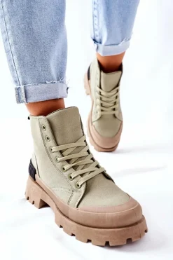 Hot Damskie Botki Trapery Zielone Any One Damskie Botki Sznurowane|Czarne Botki