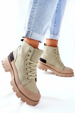 Hot Damskie Botki Trapery Zielone Any One Damskie Botki Sznurowane|Czarne Botki