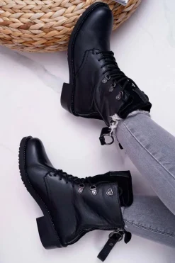 Best Big Star Shoes Damskie Botki Workery Big Star Skórzane Czarne EE274506