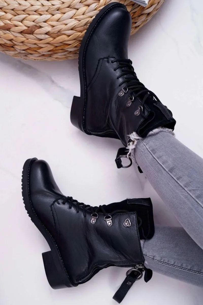 Best Big Star Shoes Damskie Botki Workery Big Star Skórzane Czarne EE274506