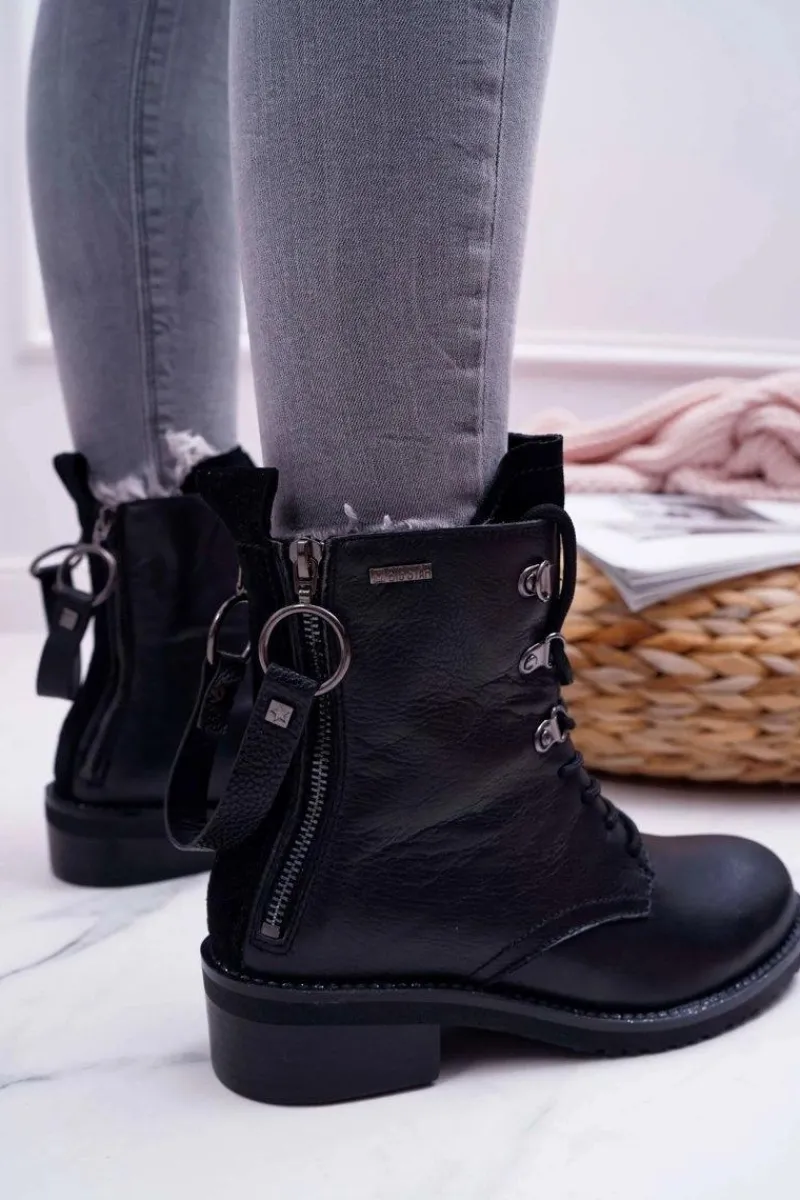 Best Big Star Shoes Damskie Botki Workery Big Star Skórzane Czarne EE274506