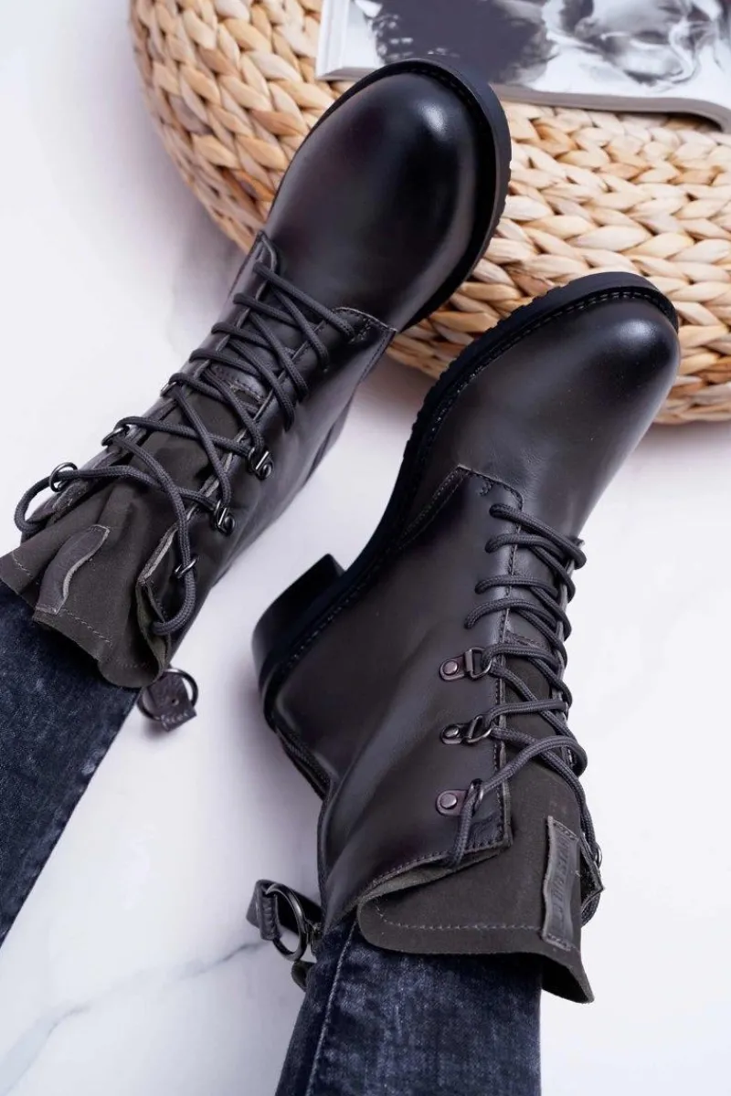 Best Big Star Shoes Damskie Botki Workery Big Star Skórzane Szare EE274507