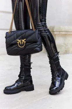 New Damskie Botki Workery Lakierowane Czarne Maxine Damskie Botki Sznurowane|Czarne Botki