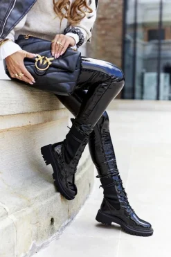 New Damskie Botki Workery Lakierowane Czarne Maxine Damskie Botki Sznurowane|Czarne Botki