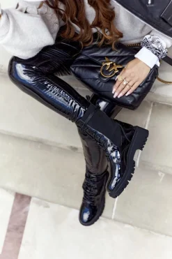 New Damskie Botki Workery Lakierowane Czarne Maxine Damskie Botki Sznurowane|Czarne Botki