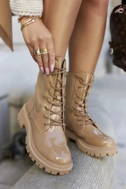 Botki Sznurowane|Brązowe I Beżowe Botki>Boto Damskie Botki Workery Lakierowane Khaki Maxine