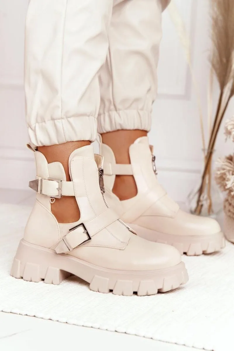 Discount Damskie Botki Workery Na Platformie Beżowe Cosmic Love Damskie Botki Wiosenne|Czarne Botki