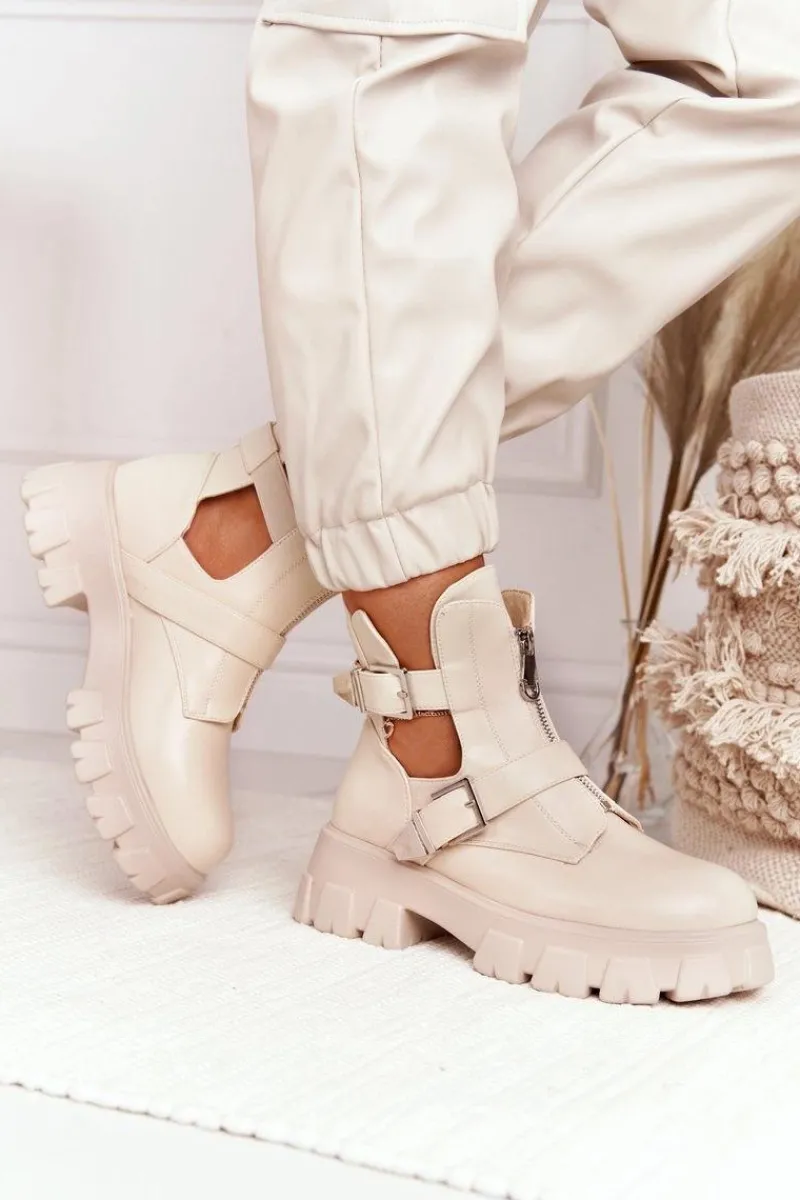 Discount Damskie Botki Workery Na Platformie Beżowe Cosmic Love Damskie Botki Wiosenne|Czarne Botki