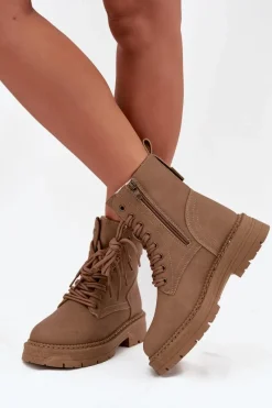 Discount Damskie Botki Workery Na Zamek Ciemnobeżowe Tirina Damskie Damskie Trapery|Botki Sznurowane