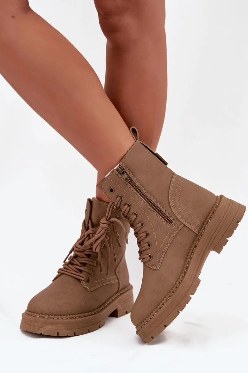 Discount Damskie Botki Workery Na Zamek Ciemnobeżowe Tirina Damskie Damskie Trapery|Botki Sznurowane