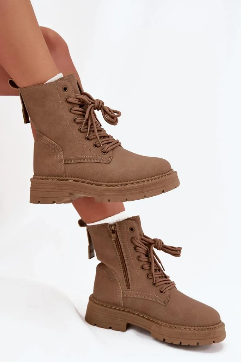 Discount Damskie Botki Workery Na Zamek Ciemnobeżowe Tirina Damskie Damskie Trapery|Botki Sznurowane