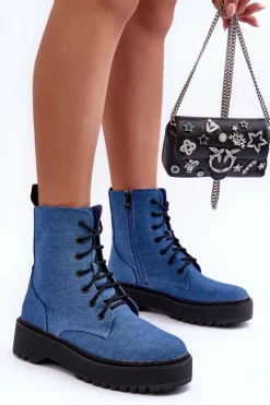 Discount Damskie Botki Workery Niebieskie Teflorna Damskie Botki Sznurowane|Brązowe I Beżowe Botki