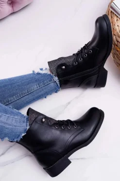 Botki Sznurowane|Botki Płaskie>Boto Damskie Botki Workery Płaski Obcas Czarne Flumen