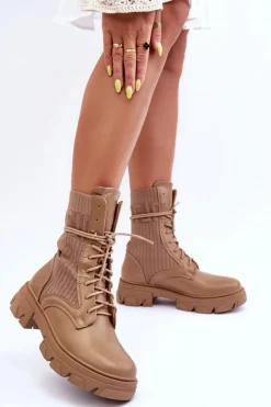 Damskie Botki Workery Sznurowane Ciemnobeżowe Marlissa Damskie Botki Sznurowane|Brązowe I Beżowe Botki