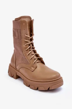 Damskie Botki Workery Sznurowane Ciemnobeżowe Marlissa Damskie Botki Sznurowane|Brązowe I Beżowe Botki