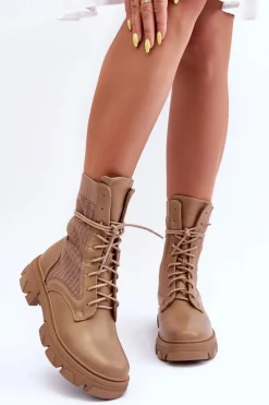 Damskie Botki Workery Sznurowane Ciemnobeżowe Marlissa Damskie Botki Sznurowane|Brązowe I Beżowe Botki