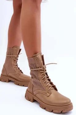 Damskie Botki Workery Sznurowane Ciemnobeżowe Marlissa Damskie Botki Sznurowane|Brązowe I Beżowe Botki