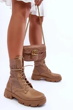 Damskie Botki Workery Sznurowane Ciemnobeżowe Marlissa Damskie Botki Sznurowane|Brązowe I Beżowe Botki