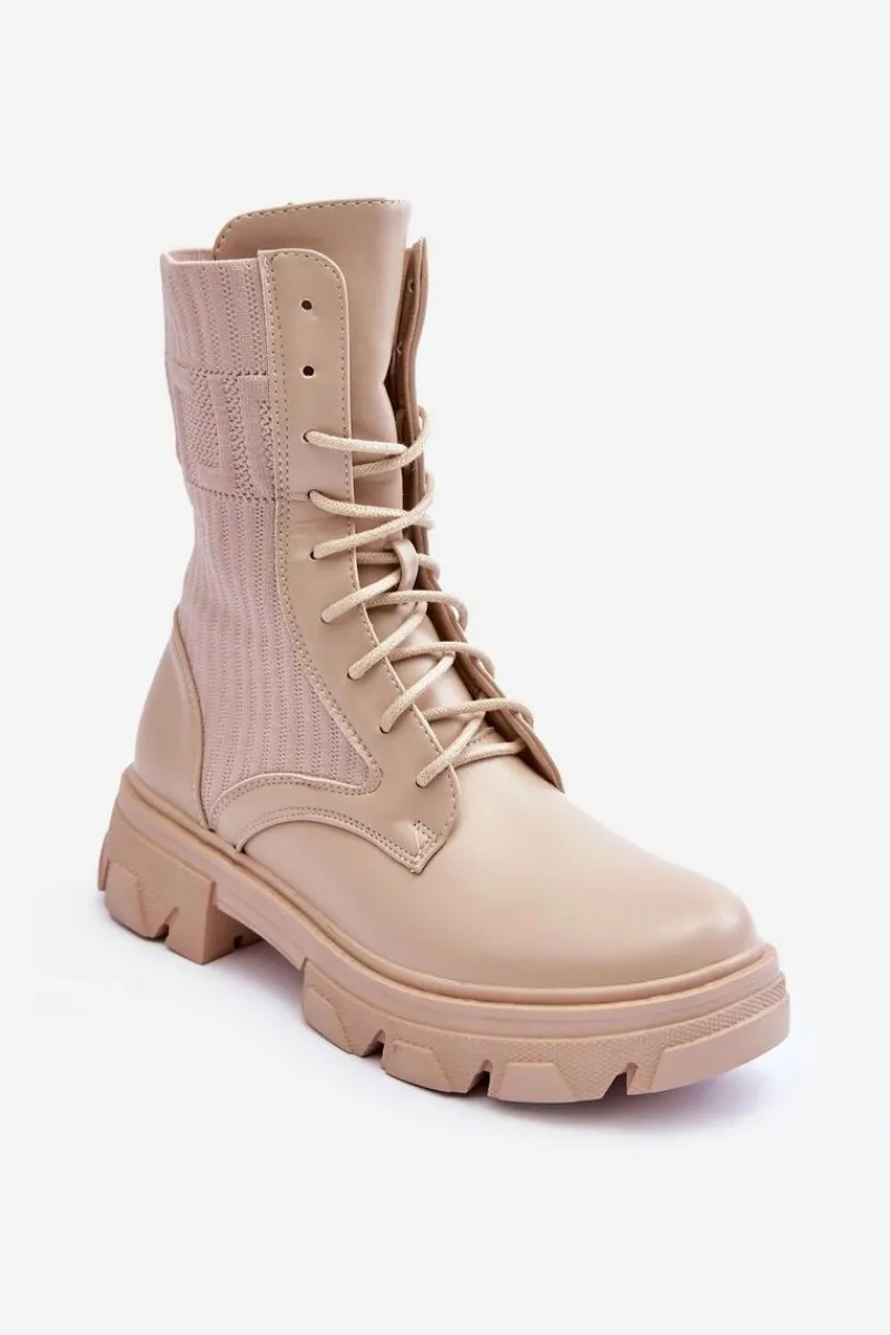 Outlet Damskie Botki Workery Sznurowane Beżowe Marlissa Damskie Botki Sznurowane|Brązowe I Beżowe Botki