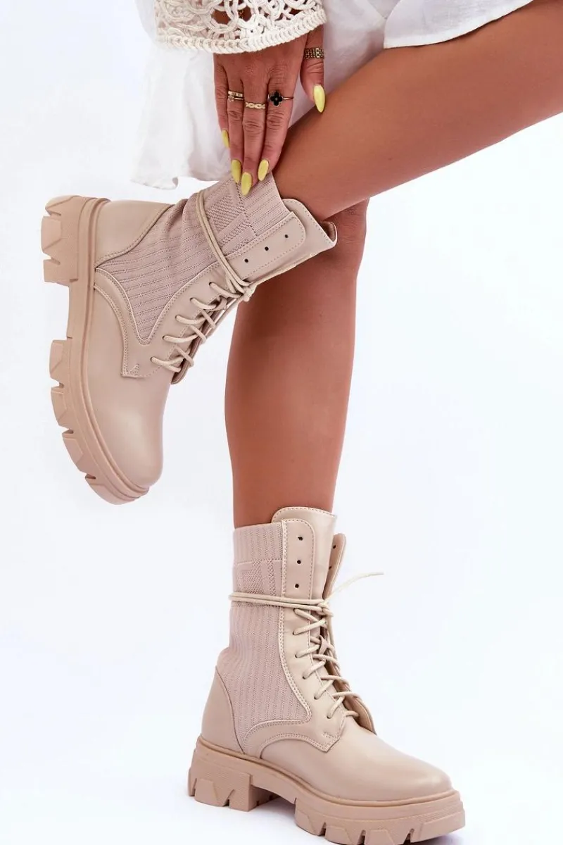 Outlet Damskie Botki Workery Sznurowane Beżowe Marlissa Damskie Botki Sznurowane|Brązowe I Beżowe Botki