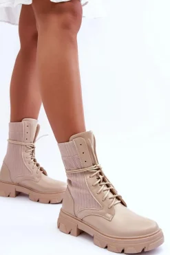 Outlet Damskie Botki Workery Sznurowane Beżowe Marlissa Damskie Botki Sznurowane|Brązowe I Beżowe Botki