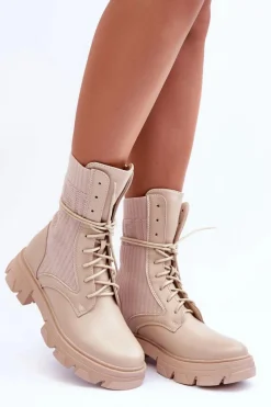 Outlet Damskie Botki Workery Sznurowane Beżowe Marlissa Damskie Botki Sznurowane|Brązowe I Beżowe Botki