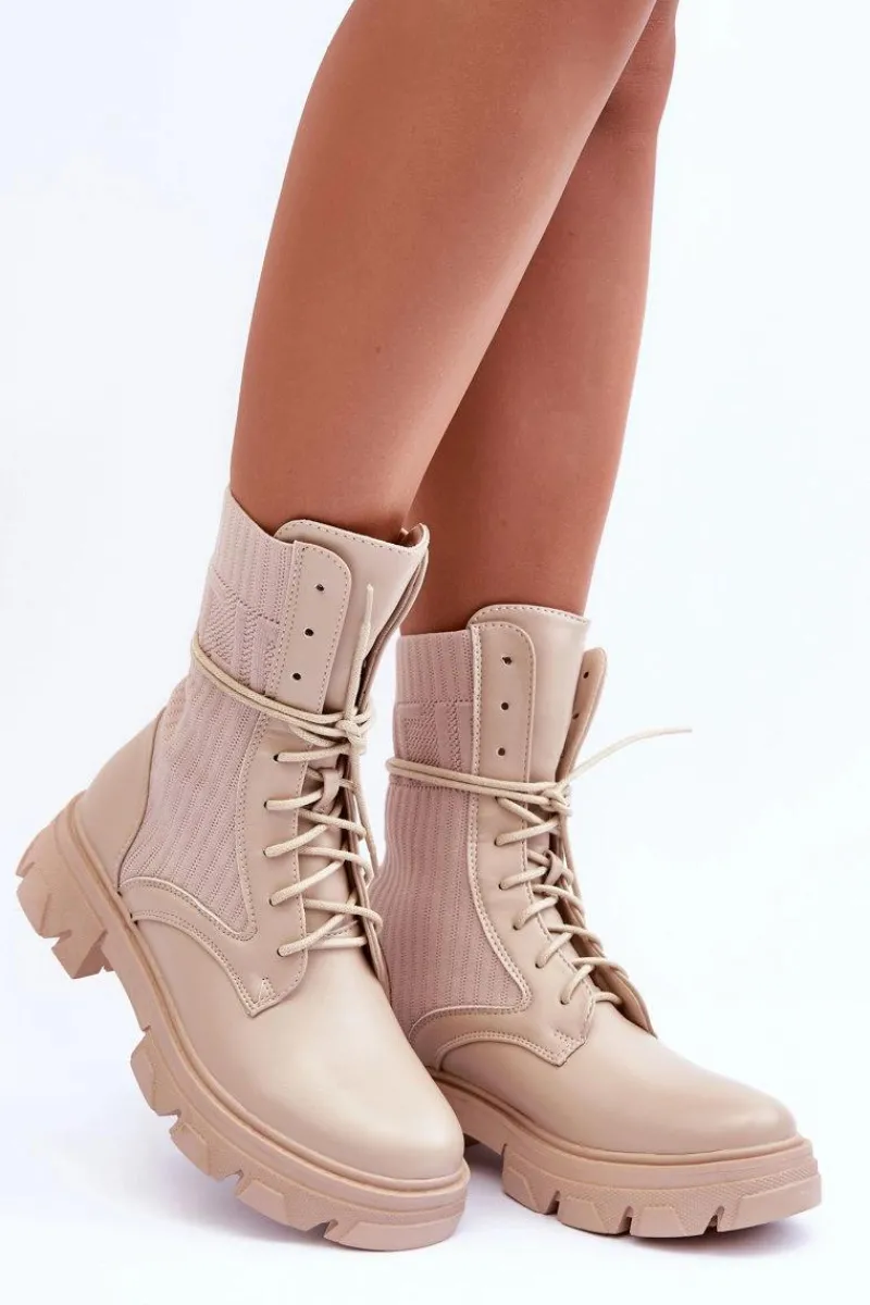 Outlet Damskie Botki Workery Sznurowane Beżowe Marlissa Damskie Botki Sznurowane|Brązowe I Beżowe Botki