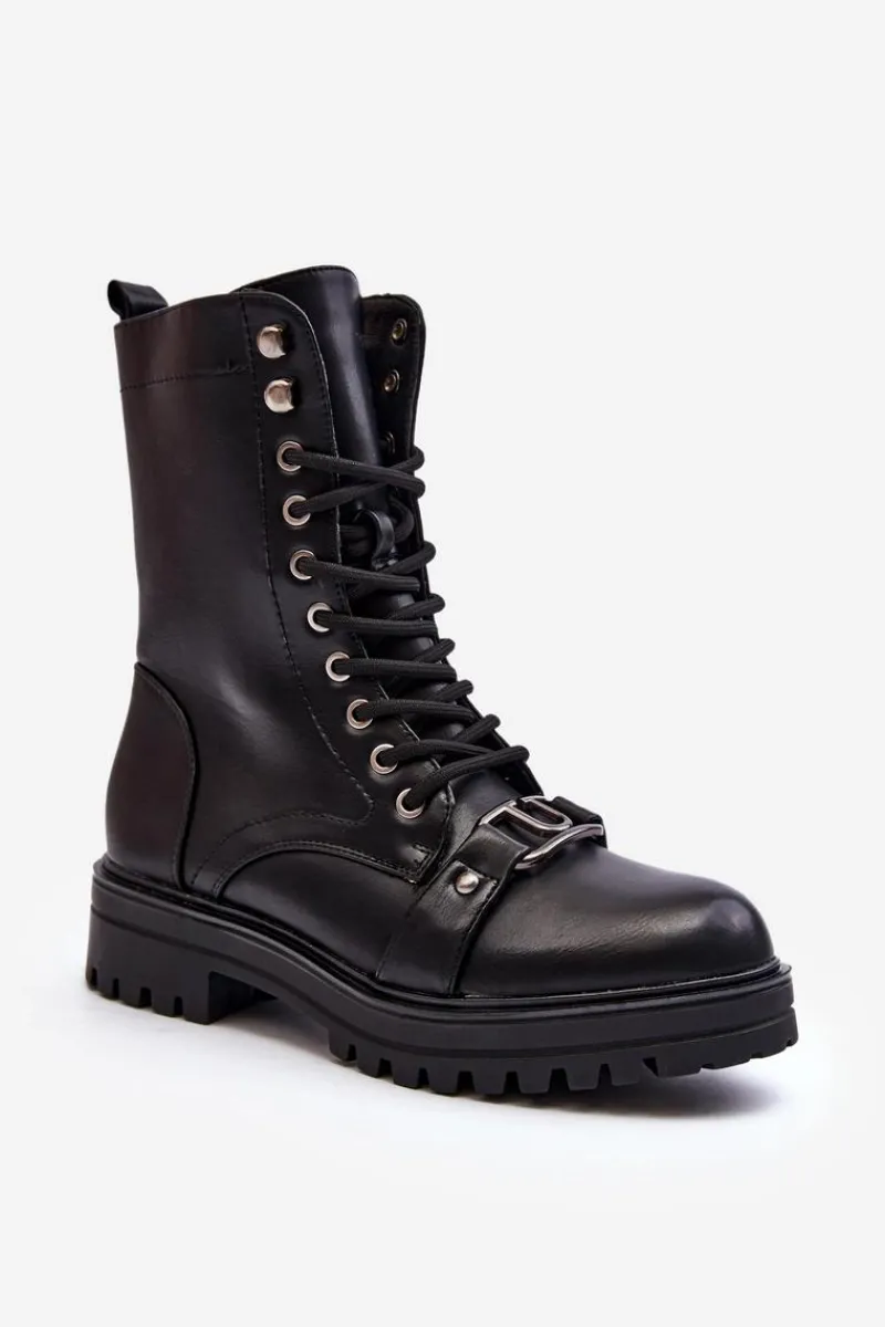 New Damskie Botki Workery Z Ozdobą Czarne Belluxe Damskie Botki Sznurowane|Czarne Botki