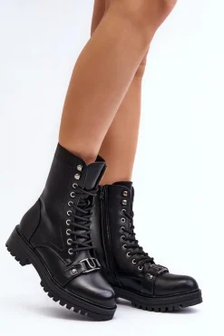 New Damskie Botki Workery Z Ozdobą Czarne Belluxe Damskie Botki Sznurowane|Czarne Botki