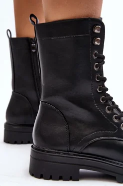 New Damskie Botki Workery Z Ozdobą Czarne Belluxe Damskie Botki Sznurowane|Czarne Botki