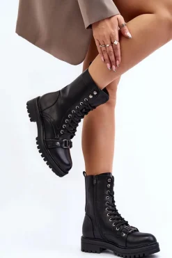 New Damskie Botki Workery Z Ozdobą Czarne Belluxe Damskie Botki Sznurowane|Czarne Botki