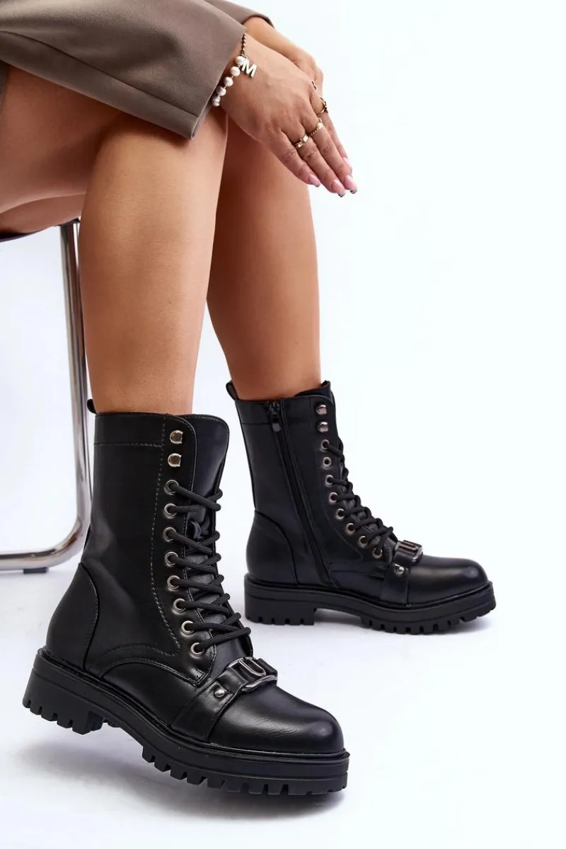 New Damskie Botki Workery Z Ozdobą Czarne Belluxe Damskie Botki Sznurowane|Czarne Botki