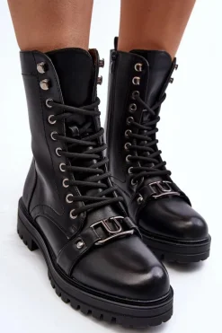 New Damskie Botki Workery Z Ozdobą Czarne Belluxe Damskie Botki Sznurowane|Czarne Botki