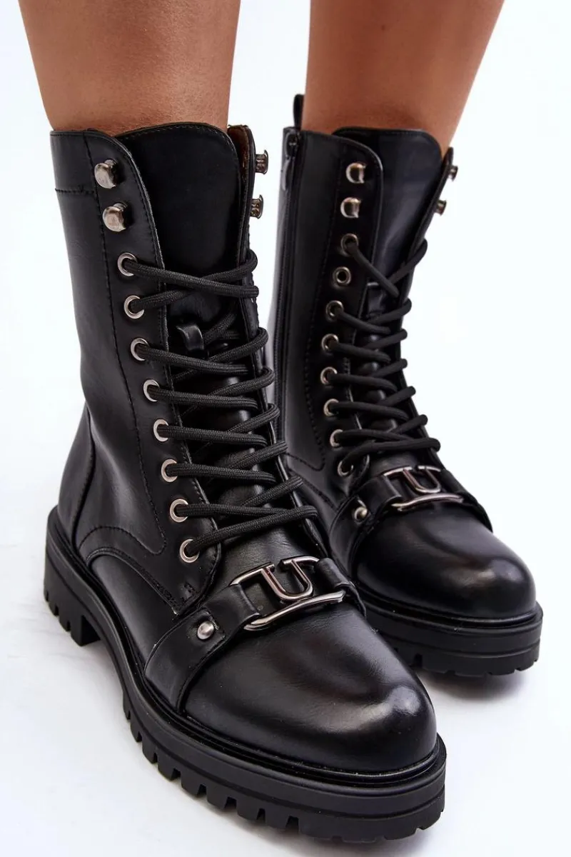 New Damskie Botki Workery Z Ozdobą Czarne Belluxe Damskie Botki Sznurowane|Czarne Botki