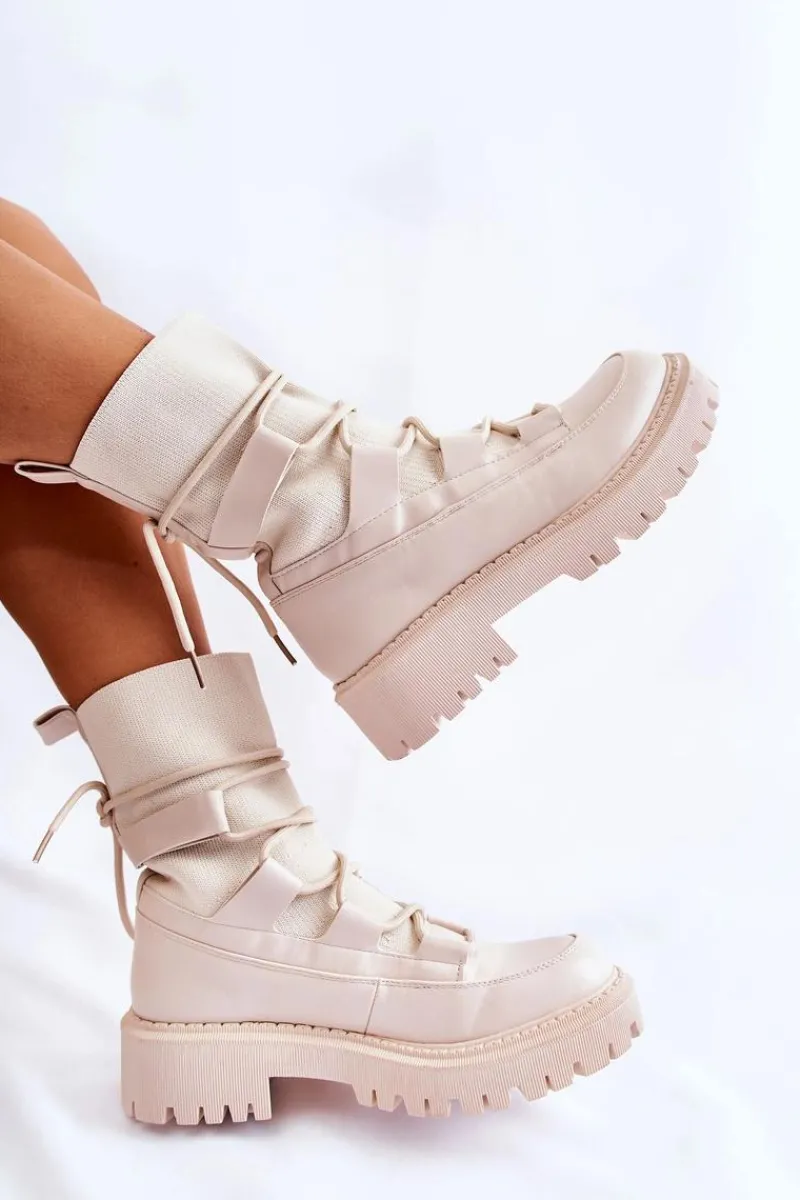 Outlet Damskie Botki Workery Ze Skarpetą Beżowe Fallor Damskie Botki Zimowe Damskie|Brązowe I Beżowe Botki