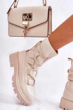 Outlet Damskie Botki Workery Ze Skarpetą Beżowe Fallor Damskie Botki Zimowe Damskie|Brązowe I Beżowe Botki